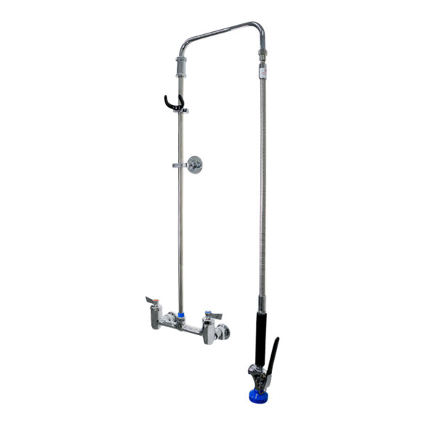 A Fisher wall-mount pre-rinse faucet with a long silver riser and round handle.