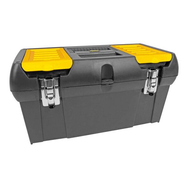 A black and yellow Stanley Series 2000 toolbox with 4 compartments and 1 tray.
