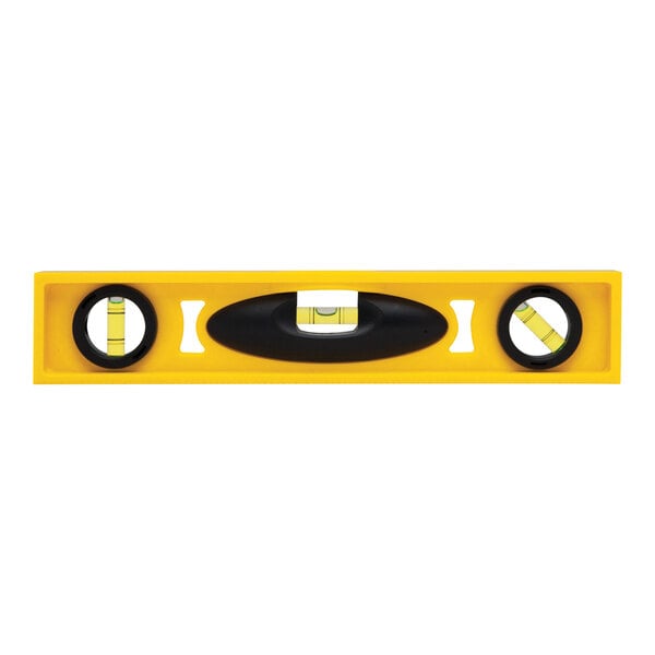 A yellow and black Stanley level with black circles on the ends of the handles.