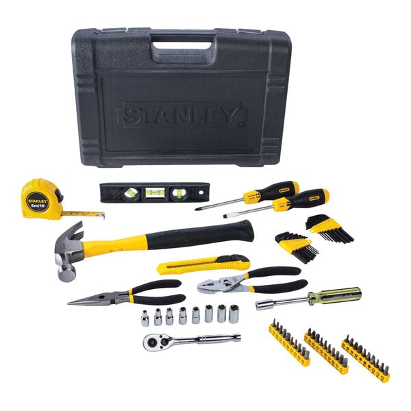 A black and yellow Stanley tool kit with tools in a black toolbox with a yellow handle.