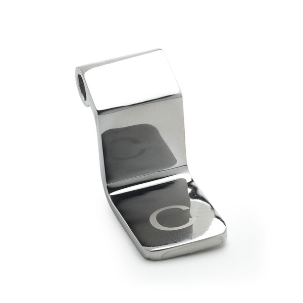 A silver metal T&S cold pedal with a letter c on it.