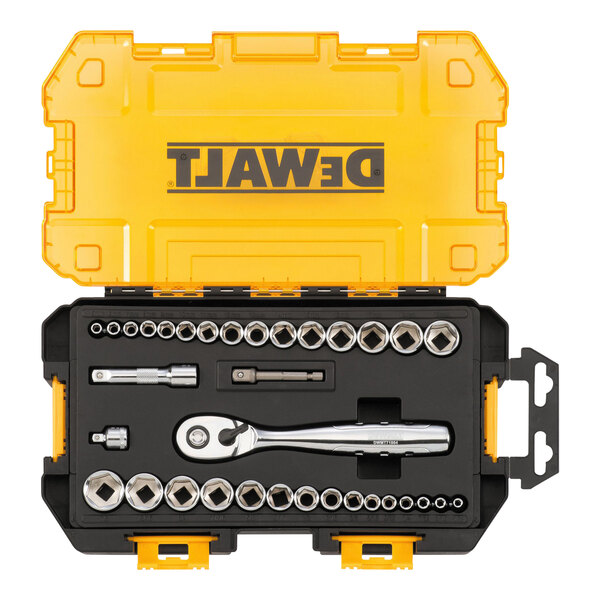 A yellow plastic DeWalt tool box with a set of socket wrenches.