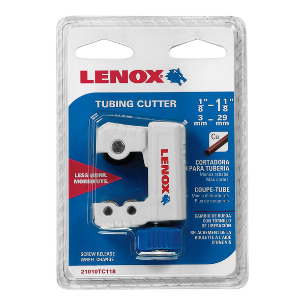 A white and blue plastic package containing a Lenox copper tubing cutter.