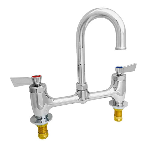 A silver Fisher deck-mount faucet with lever handles with red and yellow accents.