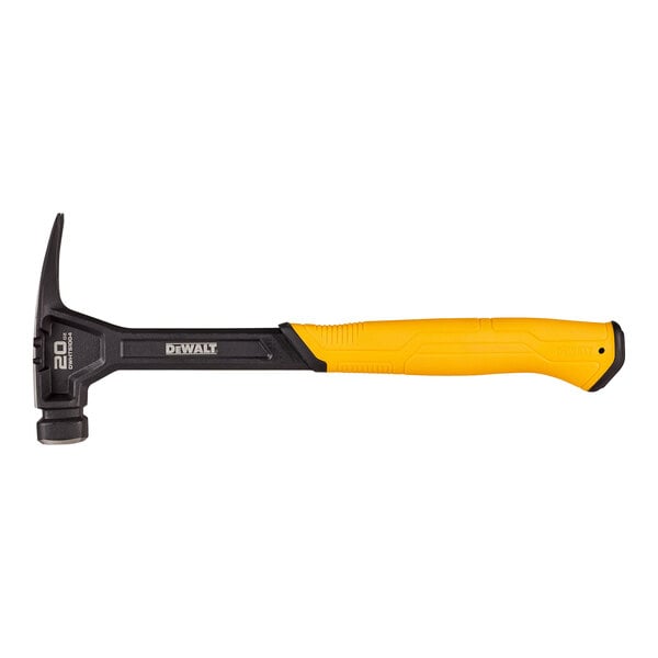 A yellow and black DeWalt steel rip claw hammer with an anti-slip handle.