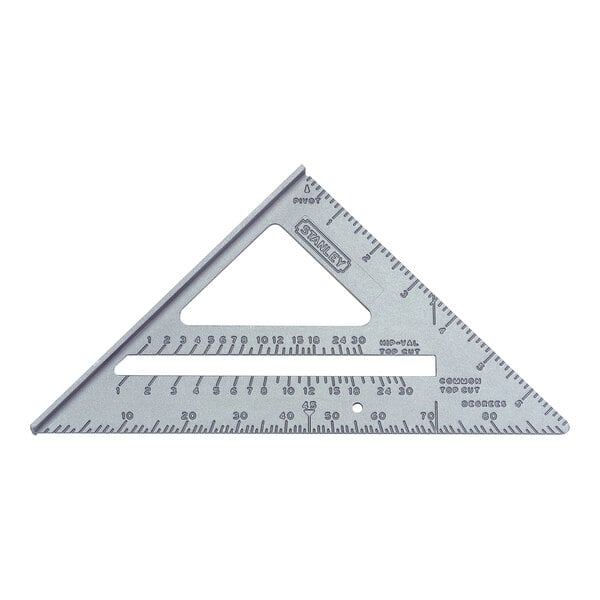 A Stanley grey metal triangular ruler with black writing on it.