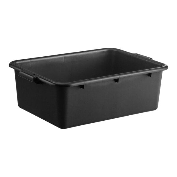 A black polypropylene bus tub or food storage box measuring 20 inches by 15 inches by 7 inches.