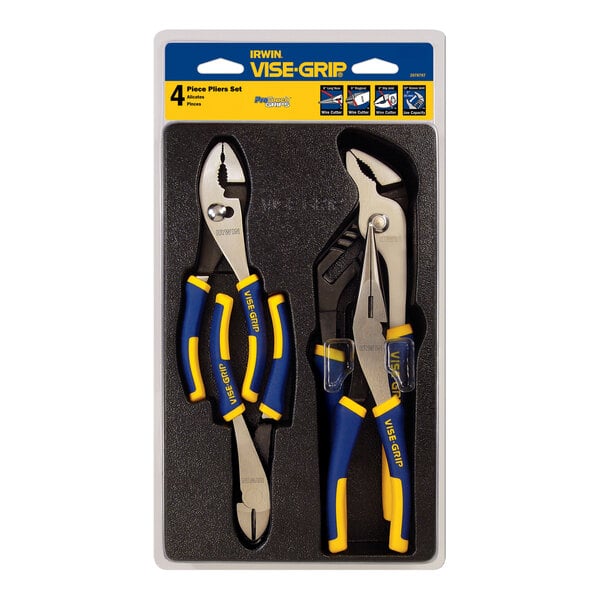 A package containing two Irwin Vise-Grip pliers with yellow and blue ProTouch grips.