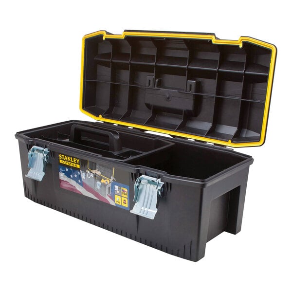 A Stanley black structural foam toolbox with yellow trim.