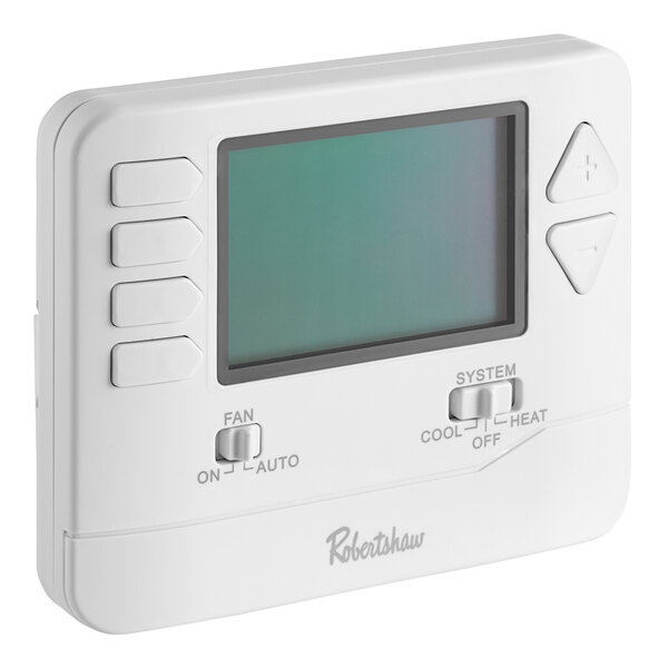 A white Robertshaw Pro-Series digital wall thermostat with a screen.