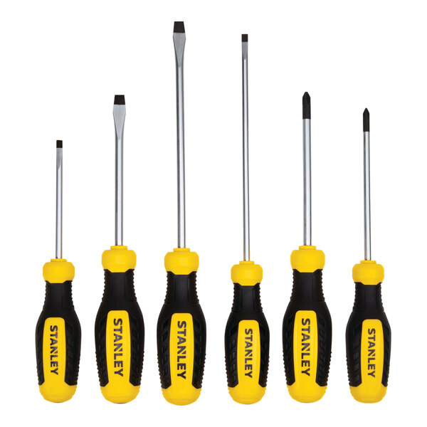 A group of Stanley screwdrivers with black and yellow handles.