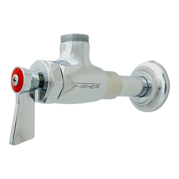 A Fisher wall-mount faucet base with a round metal control valve and lever handle.