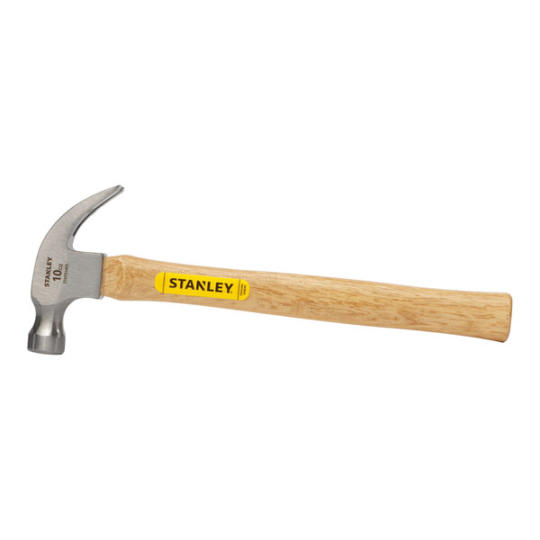 A Stanley claw hammer with a wood handle and yellow sticker.