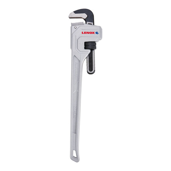 A close up of a Lenox aluminum pipe wrench with a white background.