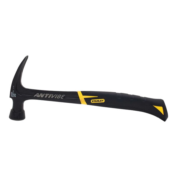 A black hammer with a yellow handle.