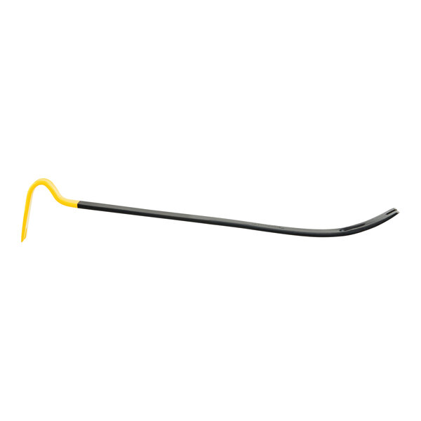A Stanley black and yellow pry bar with a long black body and yellow accents.