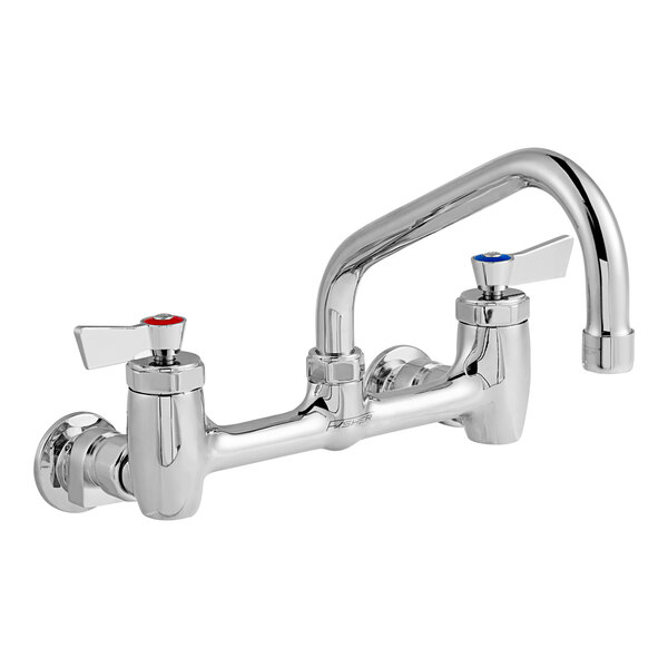 A silver Fisher wall-mount faucet with lever handles and an 8" swing nozzle.