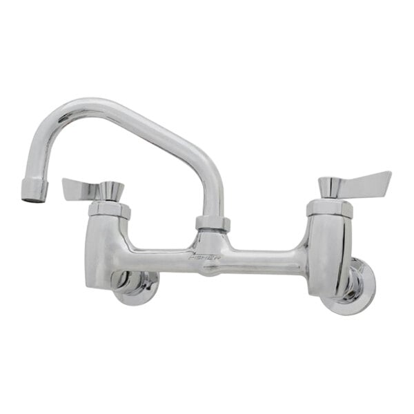 A silver Fisher wall mount faucet with two lever handles.