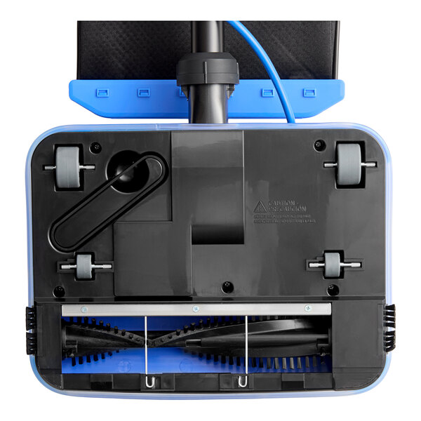 A Lavex 12-inch lightweight upright bagged vacuum cleaner viewed from the bottom, showing its rollers and brush mechanism.