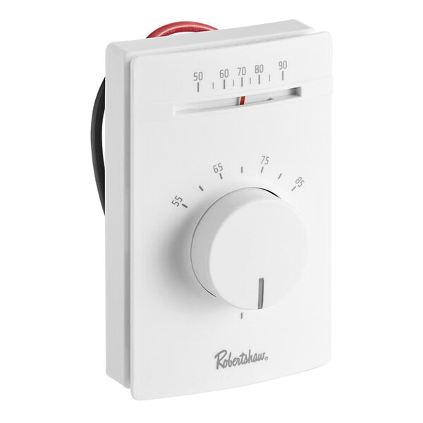 A white Robertshaw 800 Series mechanical heating thermostat with a white dial and red and white wires.