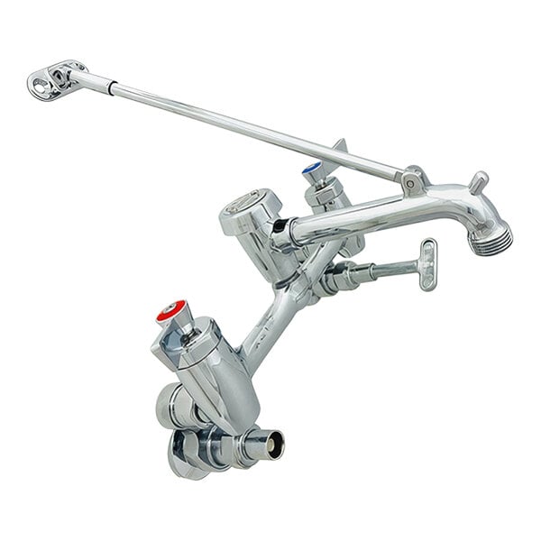 A chrome Fisher wall-mount faucet with a service sink nozzle and lever handles.