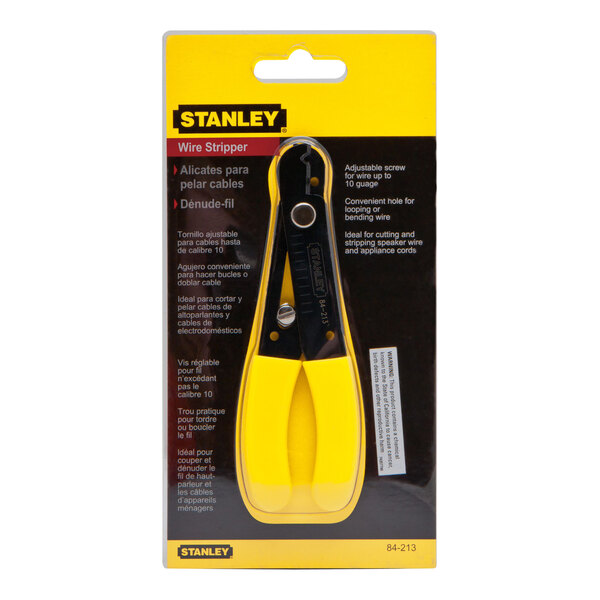 A Stanley wire stripper and cutter with yellow and black handles in a package.