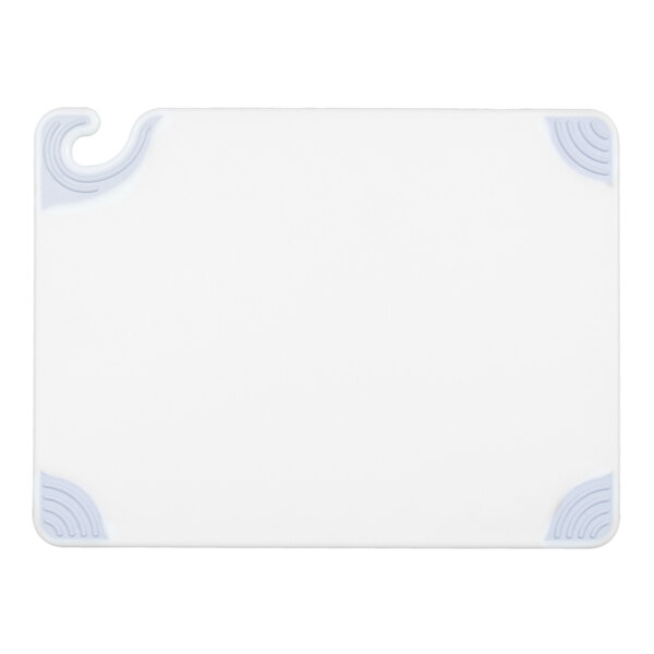 A white cutting board with a hook.