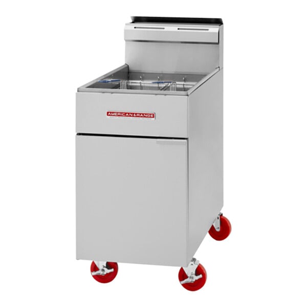 An American Range stainless steel liquid propane floor fryer with red wheels.