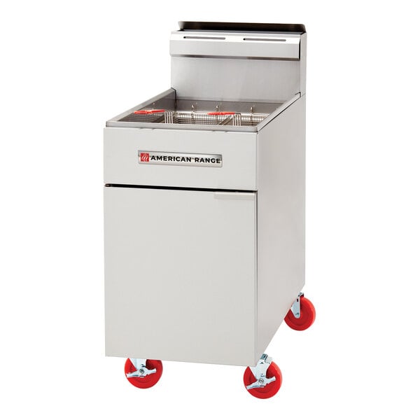 A commercial stainless steel floor fryer with red caster wheels and a front-mounted control panel.