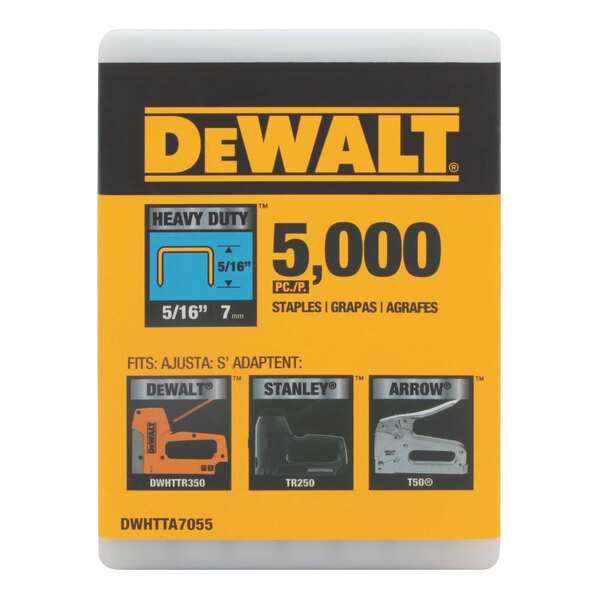 A yellow DeWalt box of 5/16" heavy-duty staples with a black label.