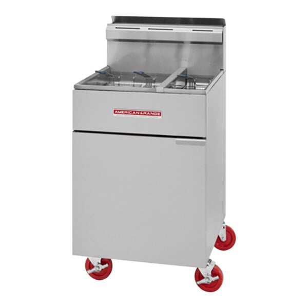 An American Range stainless steel floor fryer with red wheels.