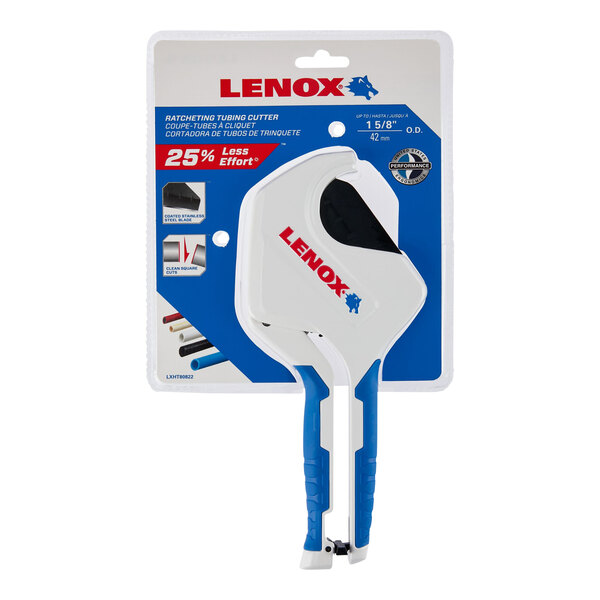 A white and blue package with a Lenox LXHT80822 ratcheting tubing cutter inside.