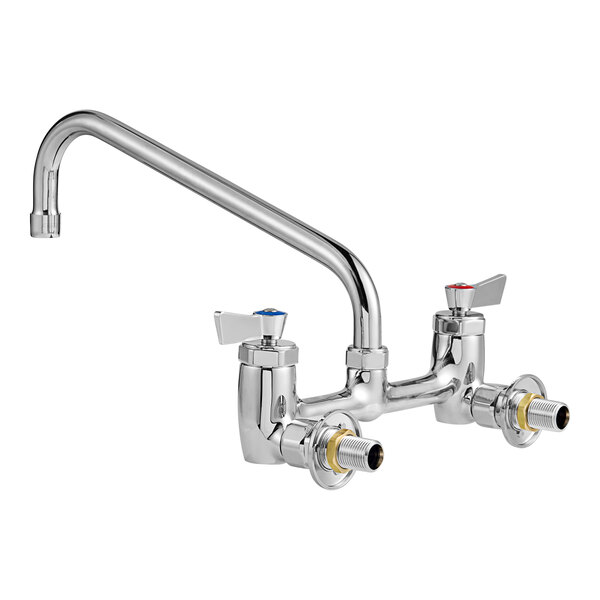A silver Fisher wall mount faucet with lever handles and a swing nozzle.