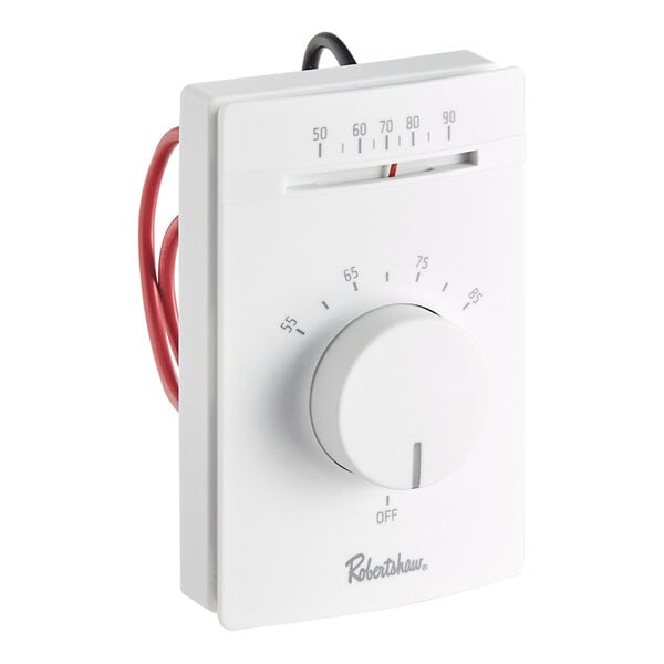 A white rectangular Robertshaw 802 line voltage thermostat with a white dial and red wires.