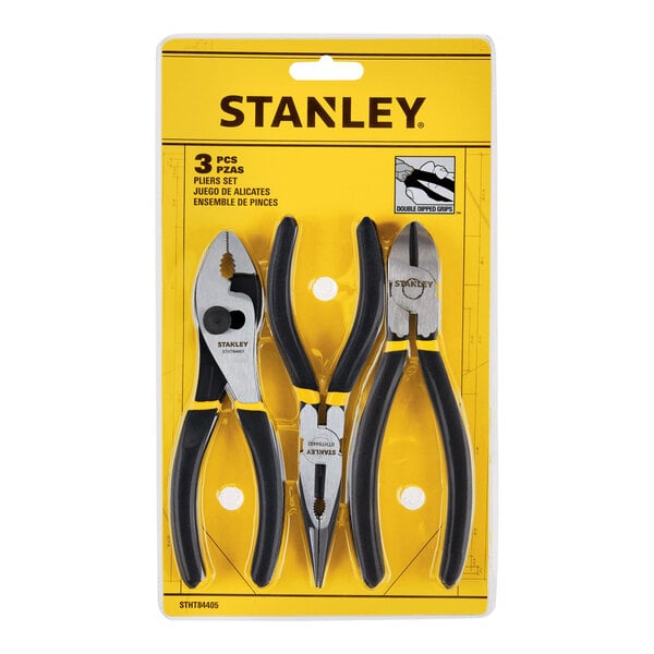 A yellow and black Stanley 3-piece pliers set in packaging.