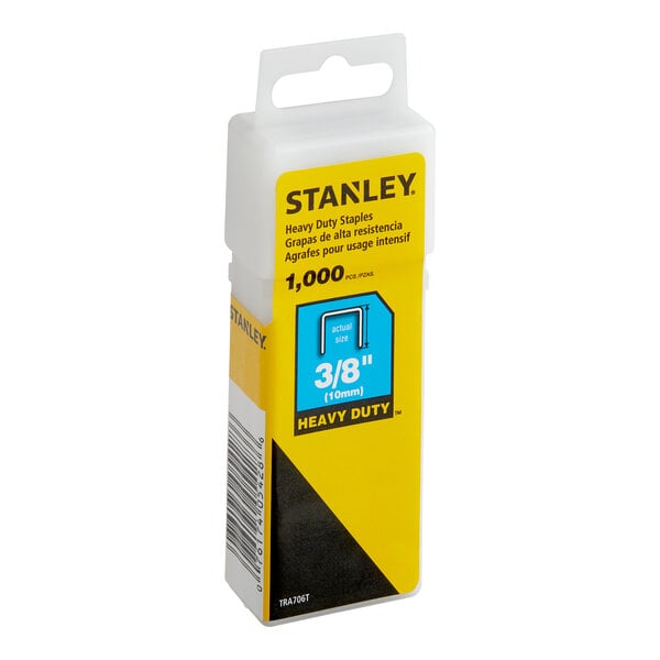 A yellow and blue Stanley container of 3/8" heavy-duty staples with a blue and white label.