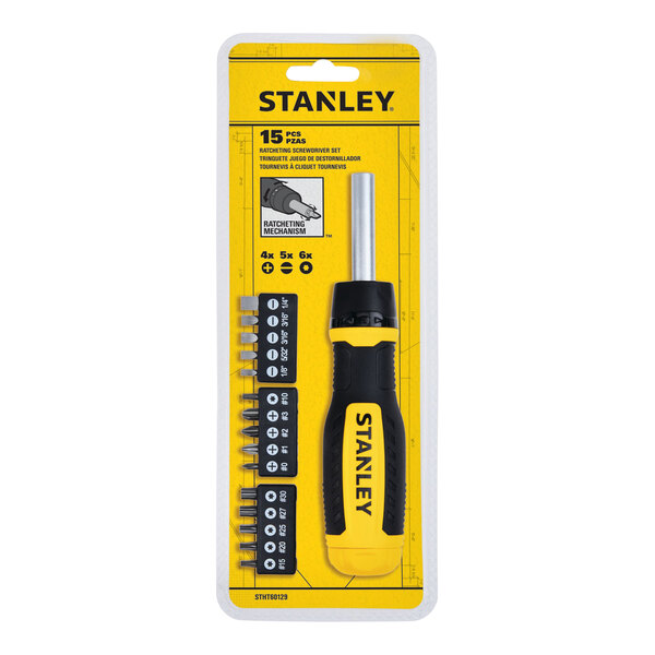A yellow and black Stanley screwdriver set package with a black box and yellow and black screwdriver handle.
