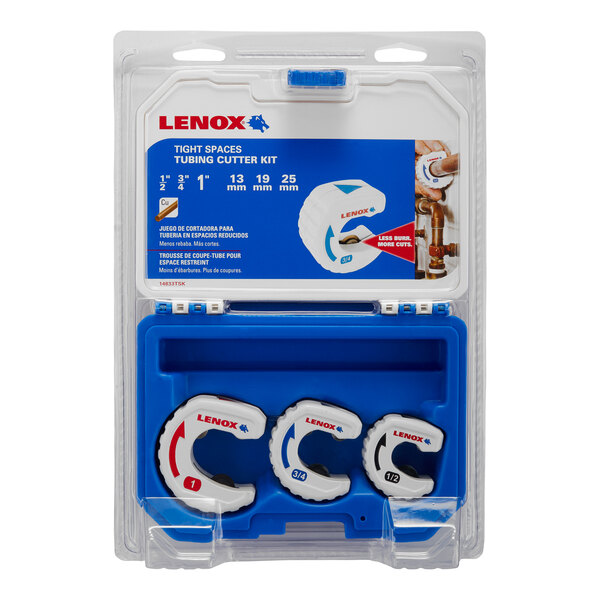 A blue and white box with a Lenox 3-piece Tight Space Tubing Cutter Kit.