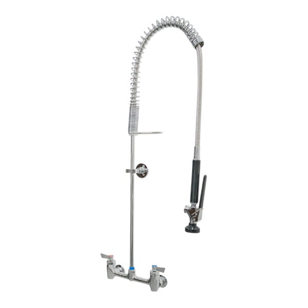 A Fisher stainless steel pre-rinse faucet with hose and lever handles.