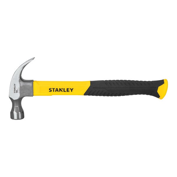 A Stanley yellow and black hammer with a fiberglass handle.