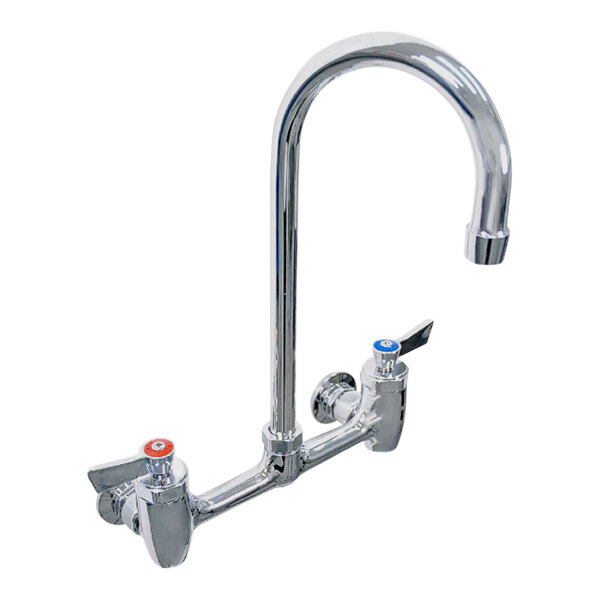 A chrome Fisher wall mount faucet with two lever handles and a gooseneck nozzle.
