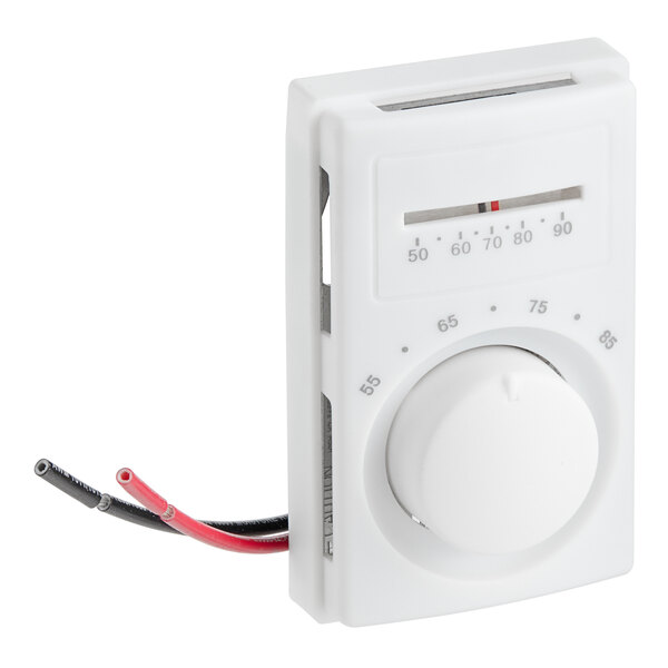 A white Robertshaw 800 Series Line Voltage Mechanical Cooling Thermostat with a white knob and red wires.