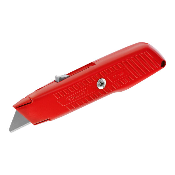 A Stanley red steel self-retracting safety utility knife with a round-point blade.