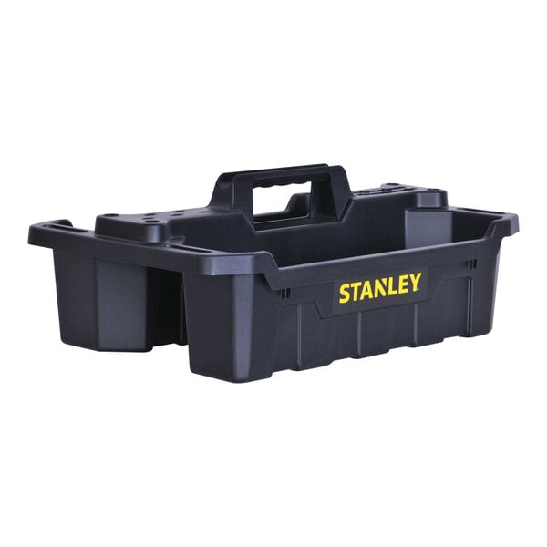 A black Stanley portable tool tote with a handle and lid.
