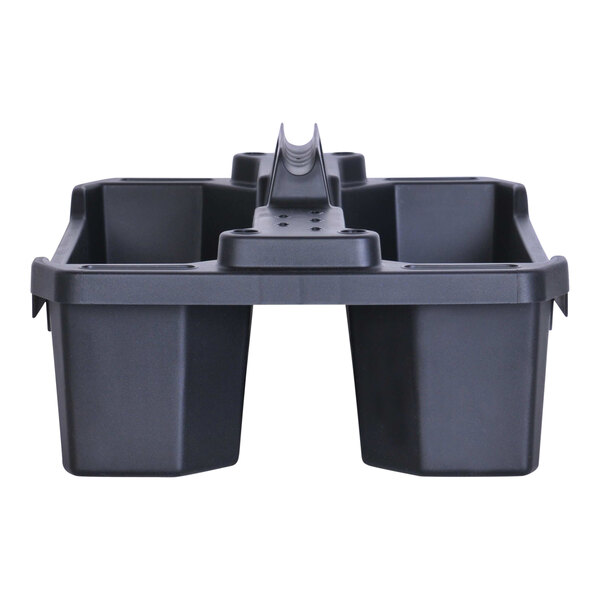 A black plastic Stanley portable storage tote tray with two compartments and a handle.