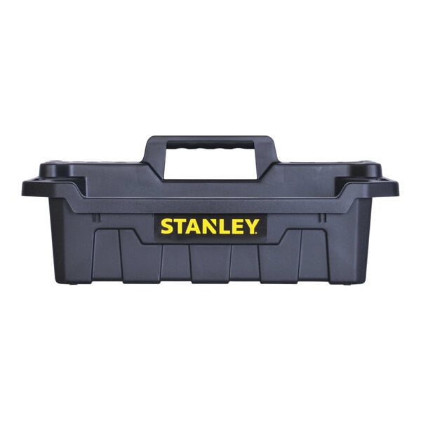 A black Stanley portable storage tote tray with a handle and lid.