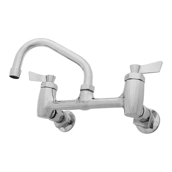 A silver Fisher wall-mount faucet with two lever handles and a 14" swing nozzle.