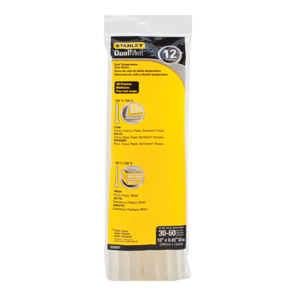 A yellow package of Stanley white and yellow plastic glue sticks.