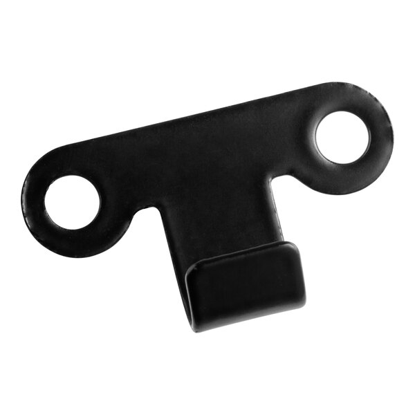 A black plastic night curtain hook with two holes.