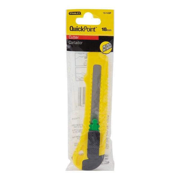 A Stanley yellow plastic snap-blade utility knife with a quick-point blade in a package.